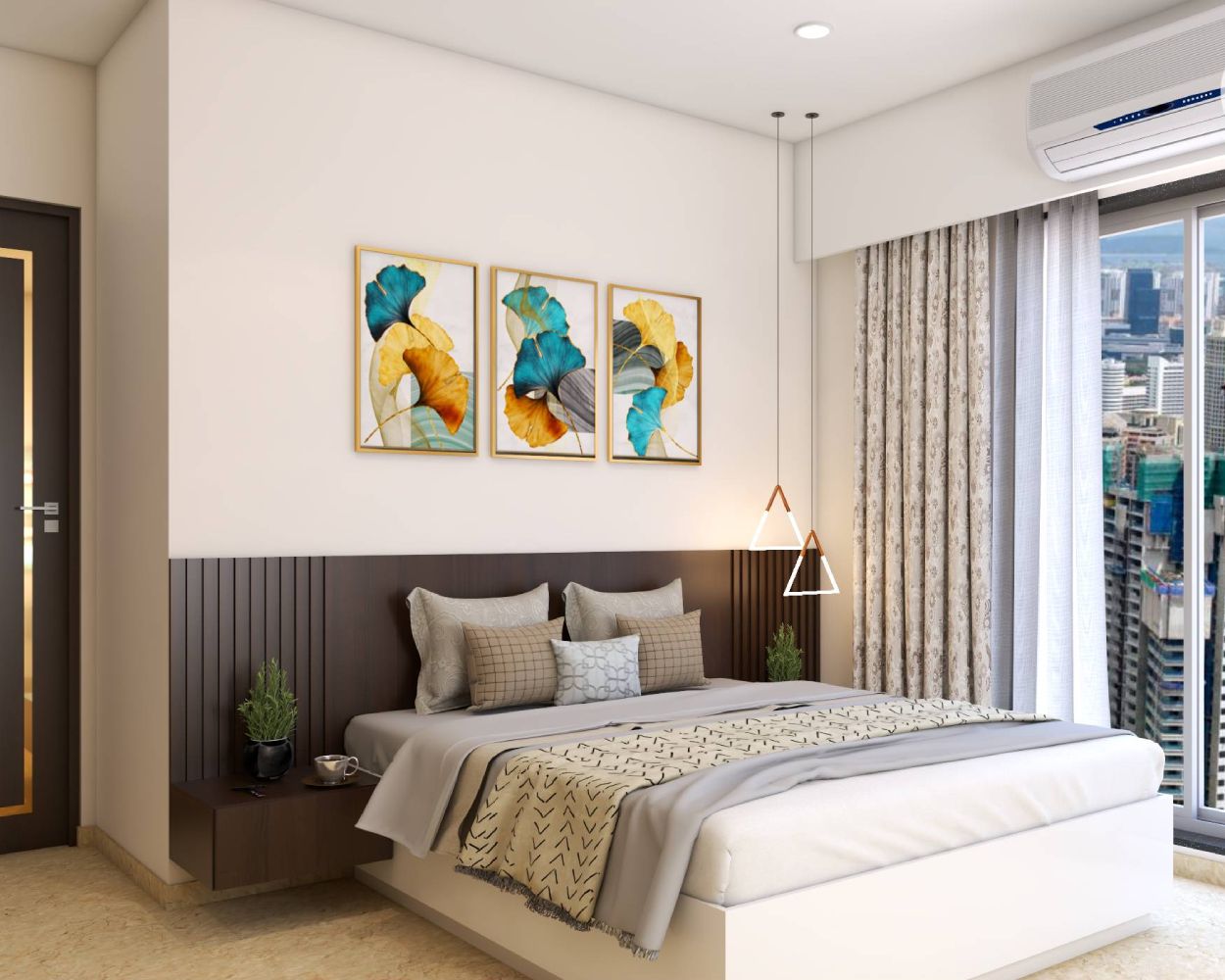Modern Master Bedroom Design With 6-Door Grey Swing Wardrobe