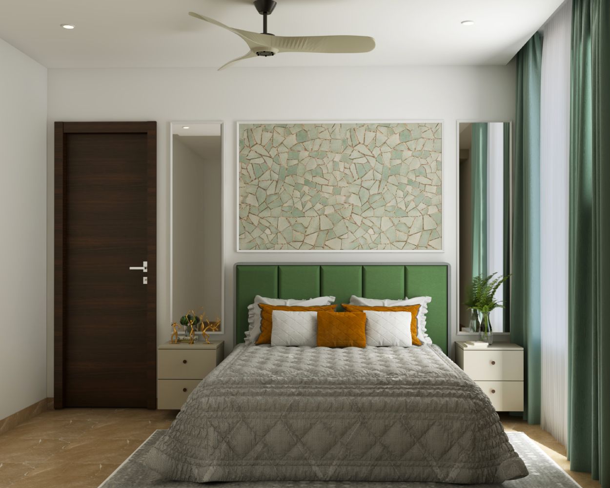 Modern White And Green Master Bedroom Design With Mosaic Wallpaper And Wall Trims