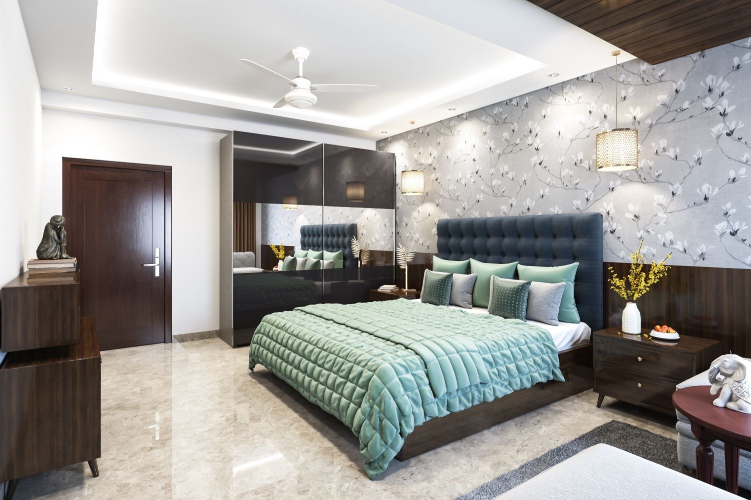 Modern Master Bedroom Design With 2-Door Sliding Wardrobe With Floral Wallpaper