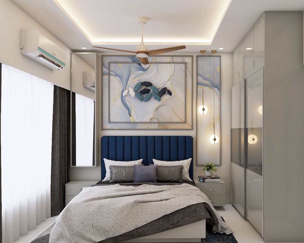 Modern Master Bedroom Design With Blue Panelled Headboard And Marble-Finish Wall Decor