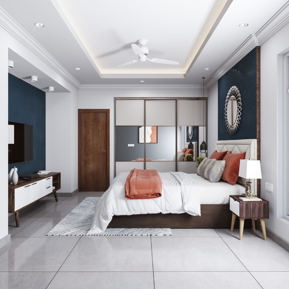 Modern Rectangle False Ceiling Design For Bedroom With Recessed Lights And Adjacent Blue Wall