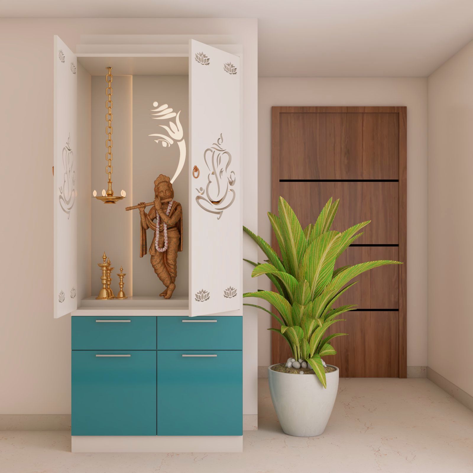 Contemporary White And Blue Mandir Design With Drawer And Shutter Storage