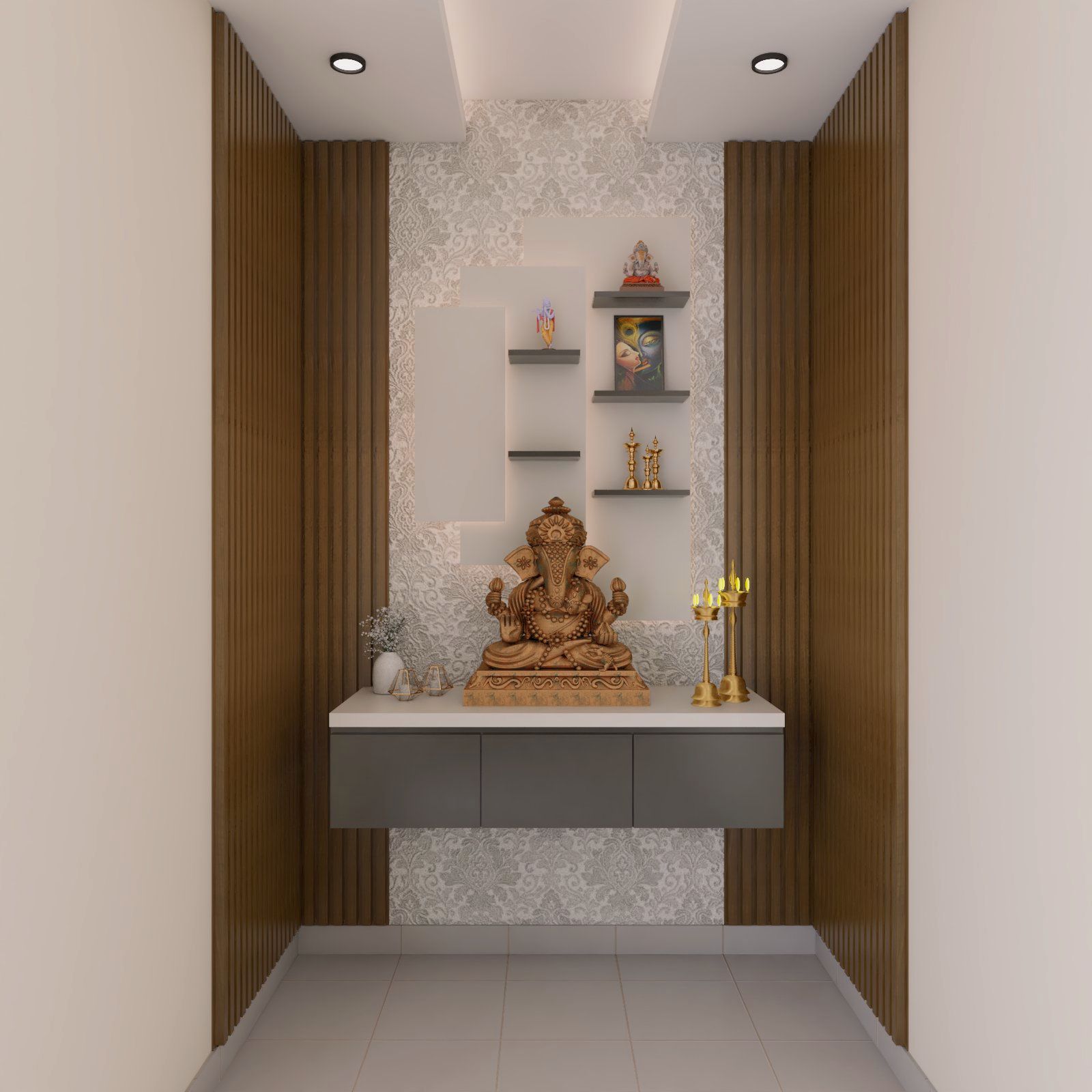 Modern Pooja Room Design With Slate Grey Wall-Mounted Drawer Storage And Wooden Panels