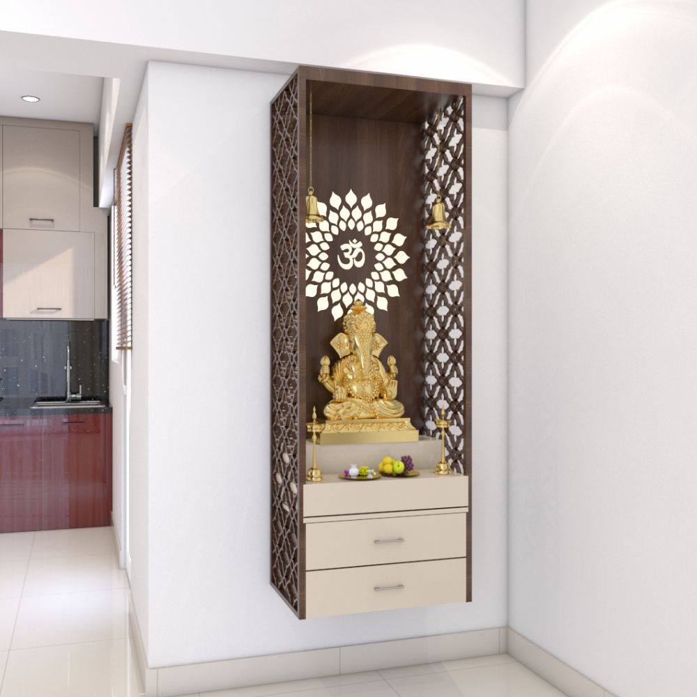 Modern Wall-Mounted Mandir Design With Beige Drawer Storage And CNC-Cut Side Panels