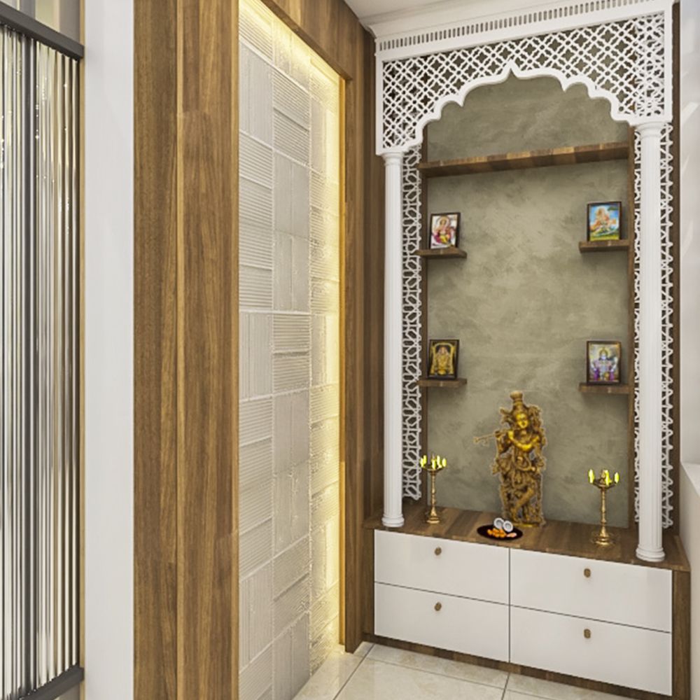 Traditional Floor-Mounted White And Wood Mandir Unit With White CNC-Cut Jali Work