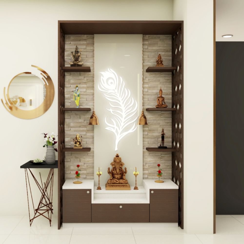 Modern White And Walnut-Toned Wooden Mandir Design With Wall-Mounted Shelves And Peacock-Feather Motif