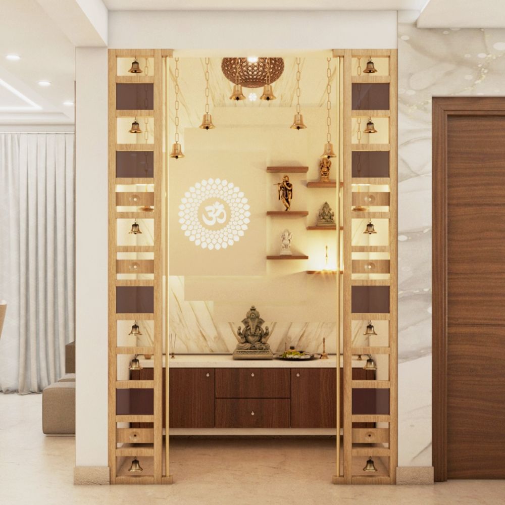 Modern Beige And Wood Floor-Mounted Mandir Design With Wooden Storage