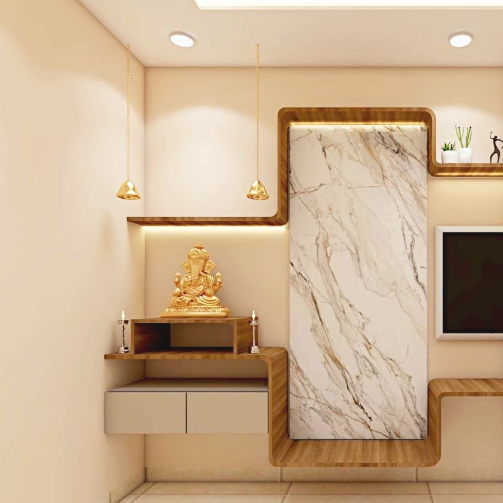 Contemporary Champagne-Toned And Wooden Mandir Design With Marble Wall Panel