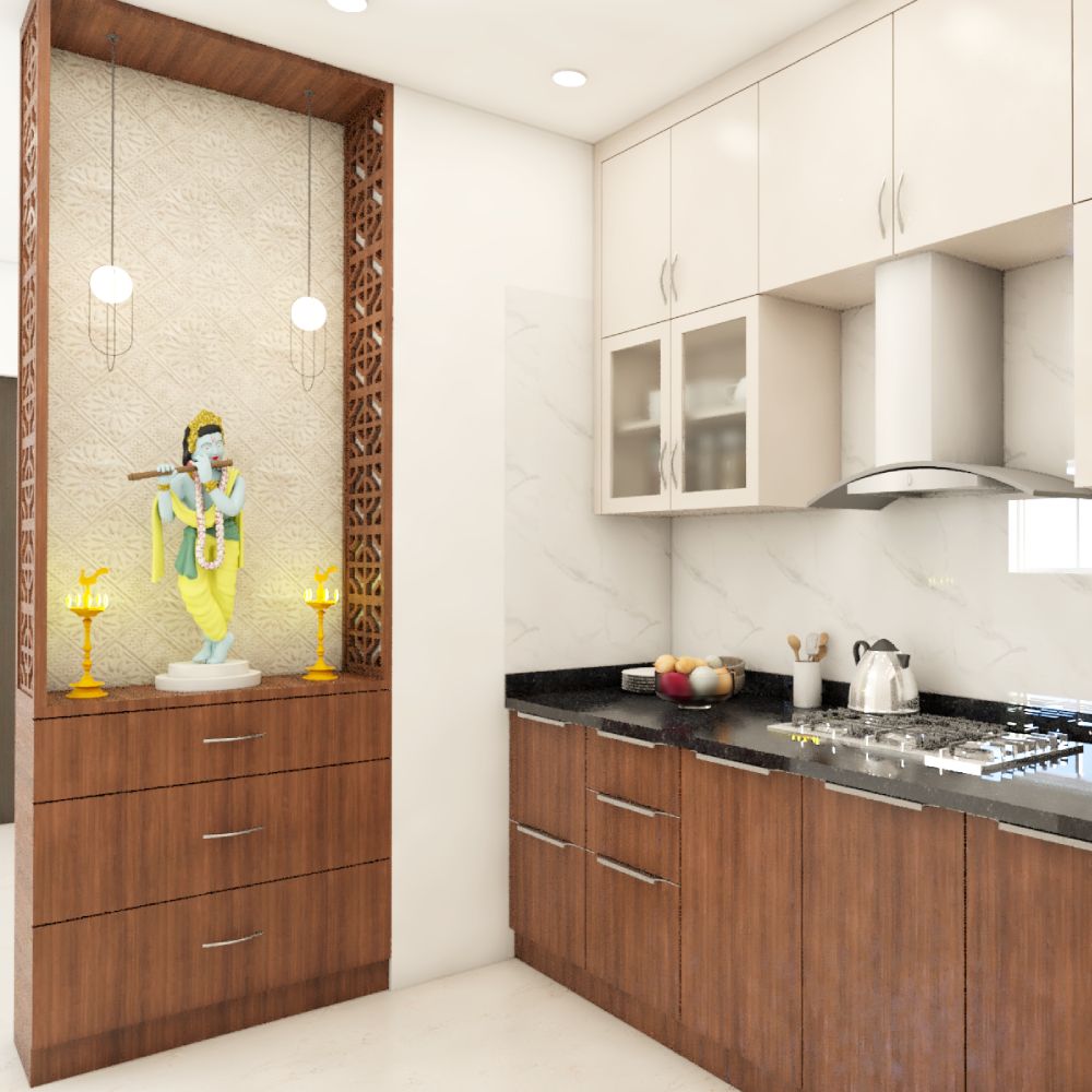 Modern Walnut-Toned Mandir Design With Beige Wall Panel