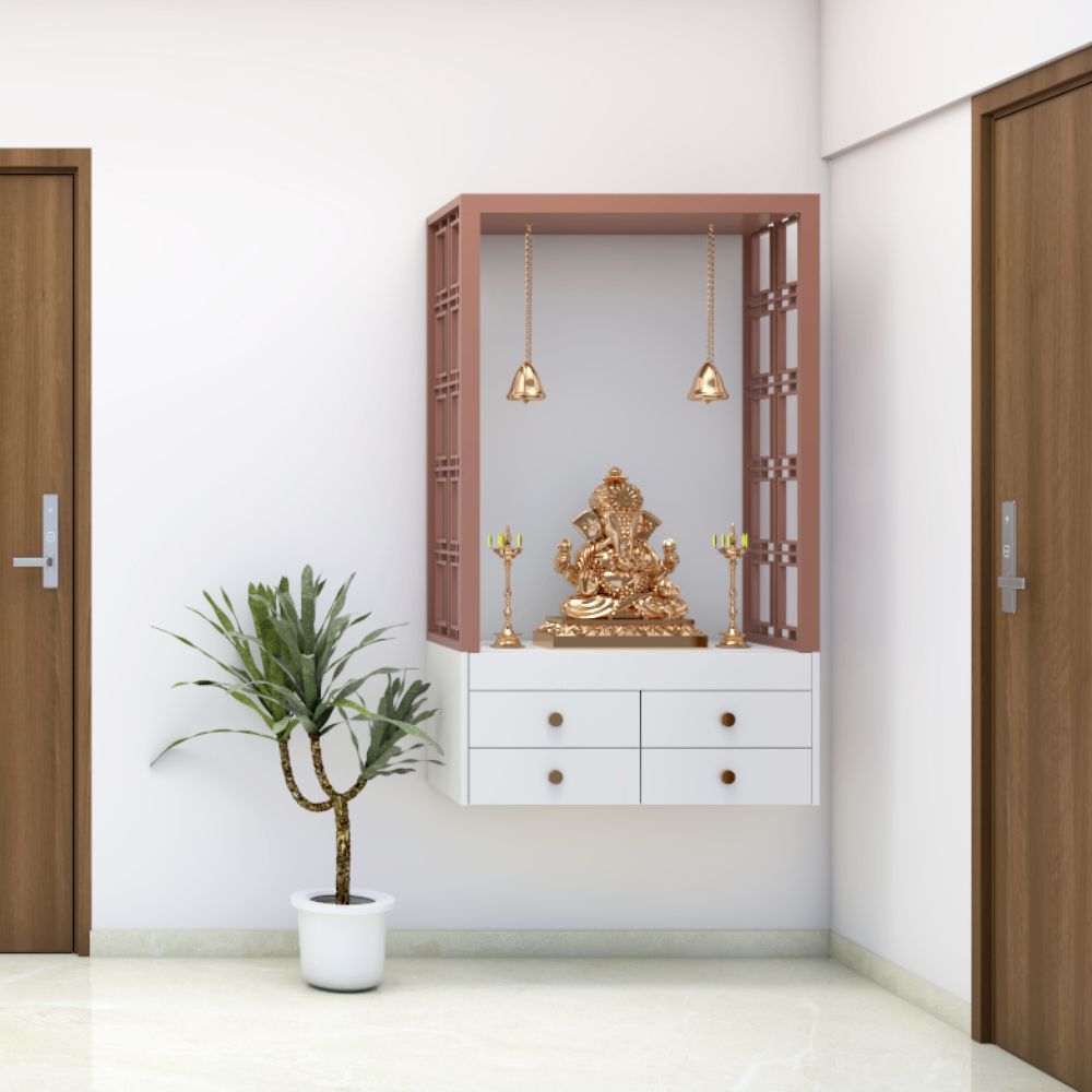 Modern White And Brown Wall-Mounted Mandir Design With Drawer Storage