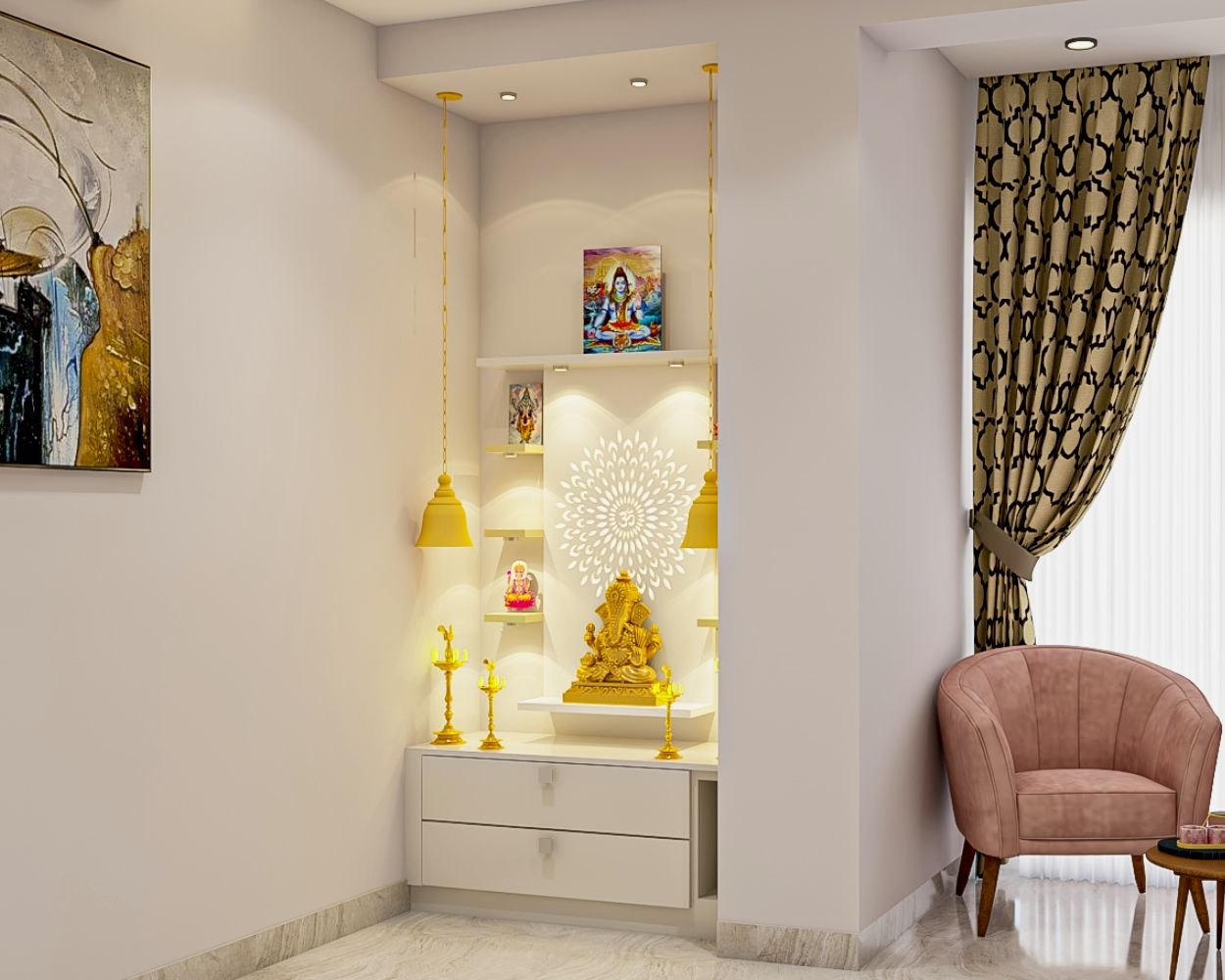 Modern Frosty White Mandir Design With 2-Drawer Storage And Wall Ledges