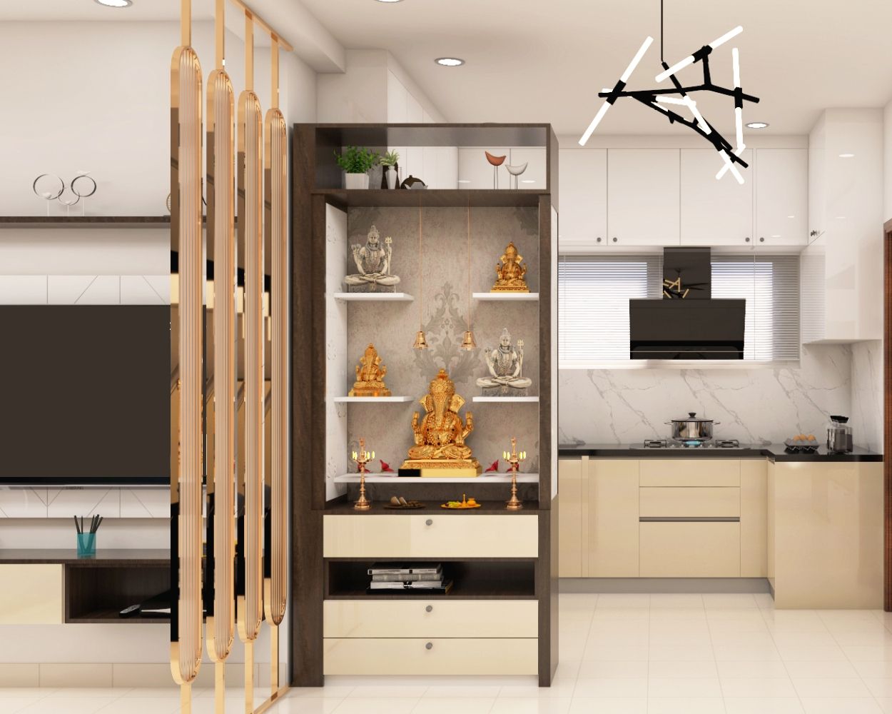 Modern Wood And Champagne-Toned Floor-Mounted Mandir Design With Grey Patterned Wallpaper