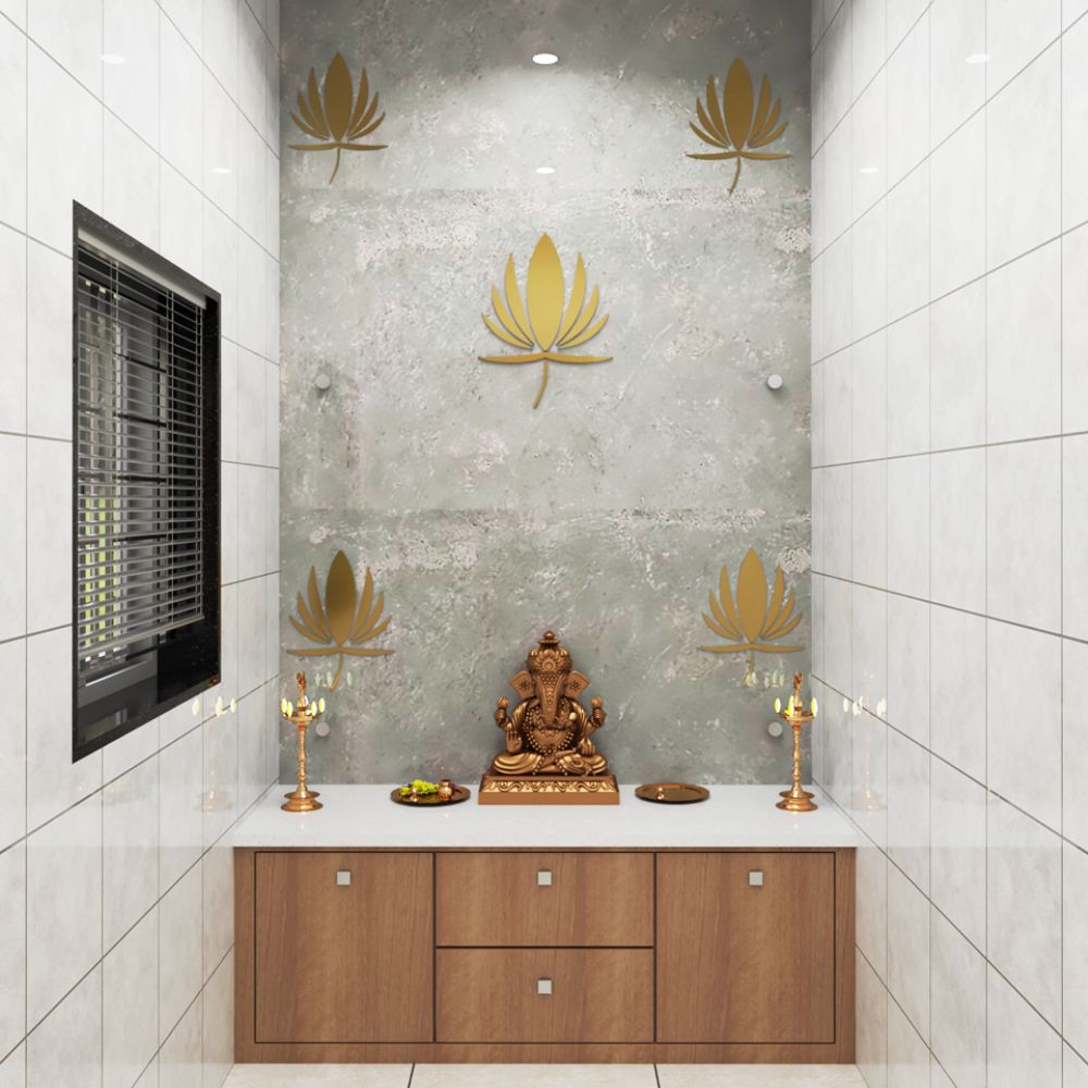 Modern Pooja Room Design With Floor-Mounted Wooden Storage And Grey Accent Wall With Lotus Motifs
