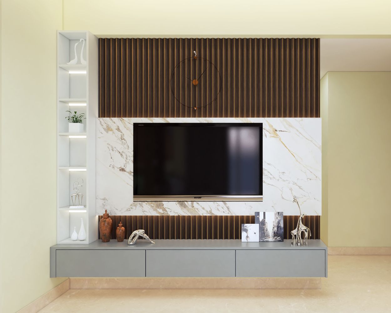Grey And White Modern TV Unit Design Wth Wooden Fluted Panelling And White Marble Accent Wall