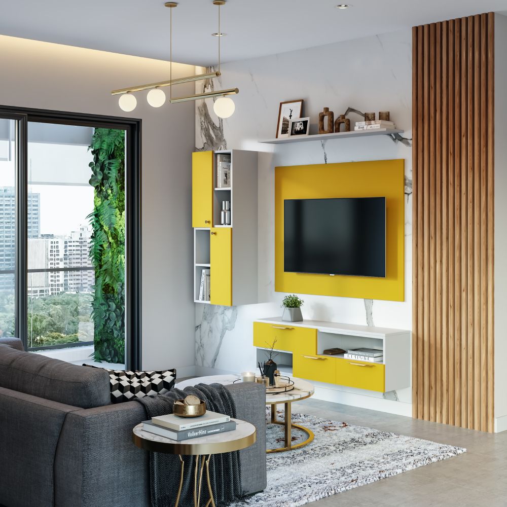 Modern Yellow And White TV Unit Design With Marble Panel