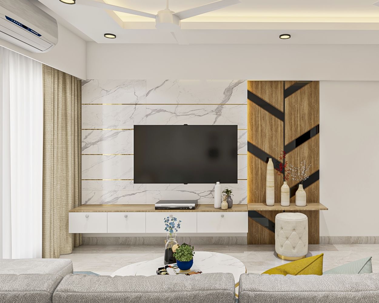 Contemporary TV Unit With White And Champagne-Toned Console And Dual Wall-Panel