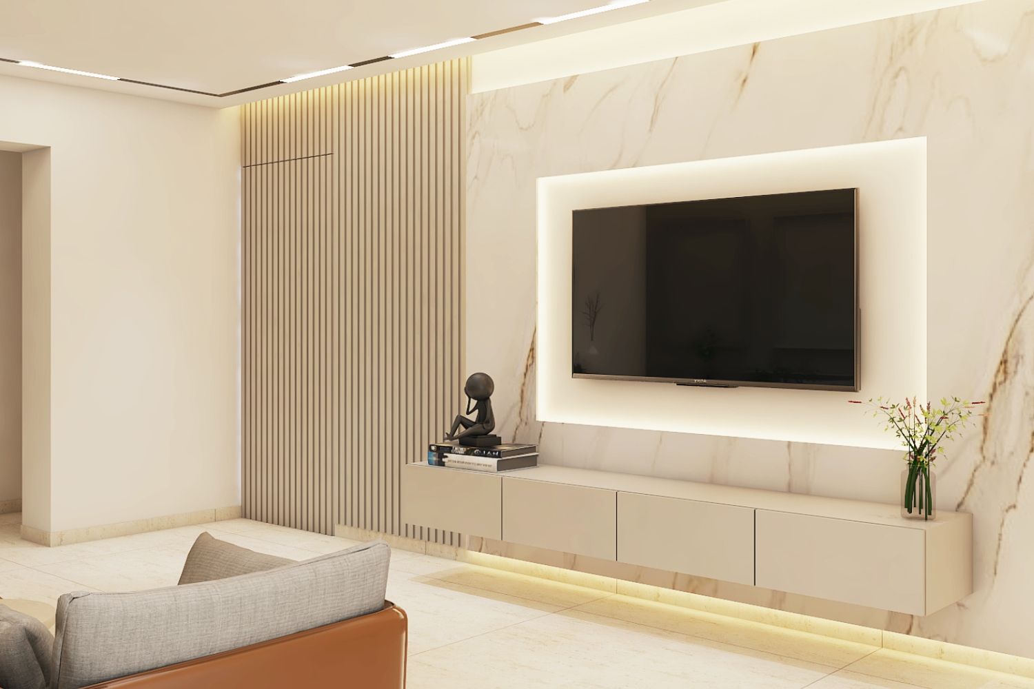 Contemporary Cream-Toned Wall-Mounted TV Cabinet Design With Marble Back Panel And Grooves