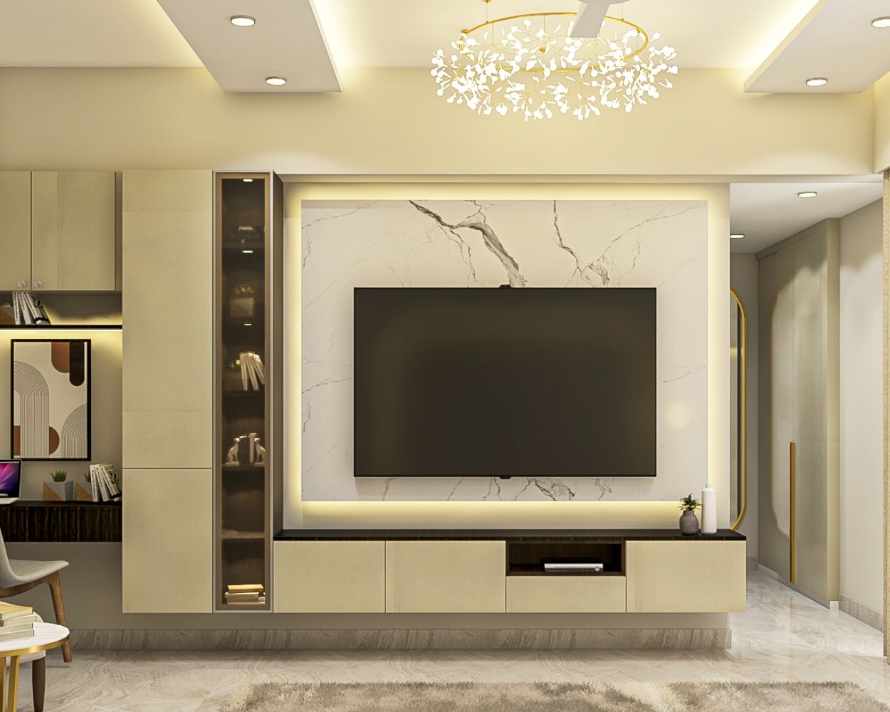Contemporary Glossy Irish Cream TV Cabinet Design With Tall Storage Unit