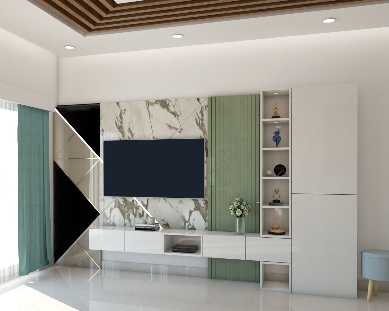 Modern TV Cabinet Design With Green Fluted Panels And Marble Backpanel ...