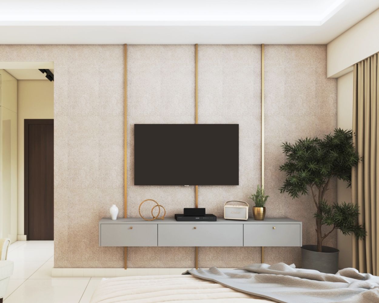 Contemporary Smoke Grey TV Console Design With Light Pink Textured Accent Walls And Gold Beams
