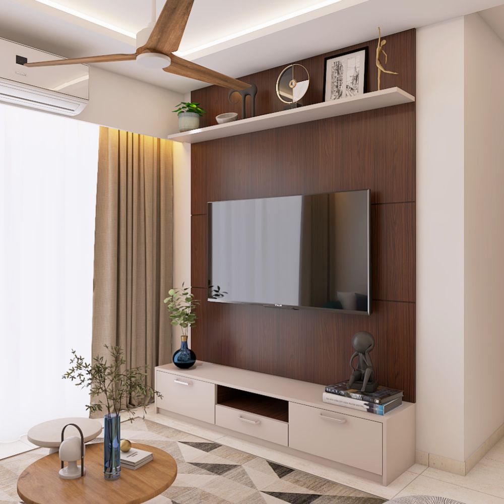 Contemporary Sand Satin TV Unit Design With Dark Brown Wall Panel