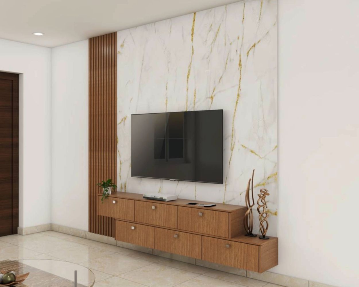 Modern Persian Walnut TV Unit Design With Stacked Wooden Console And Marble Accent Wall