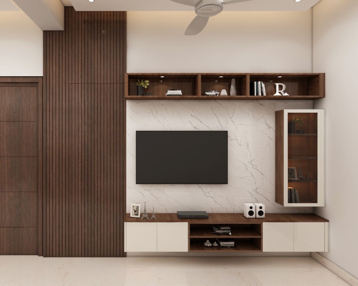 Modern Walnut Wood And White TV Unit Design With Marble Backpanel And Vertical Panels
