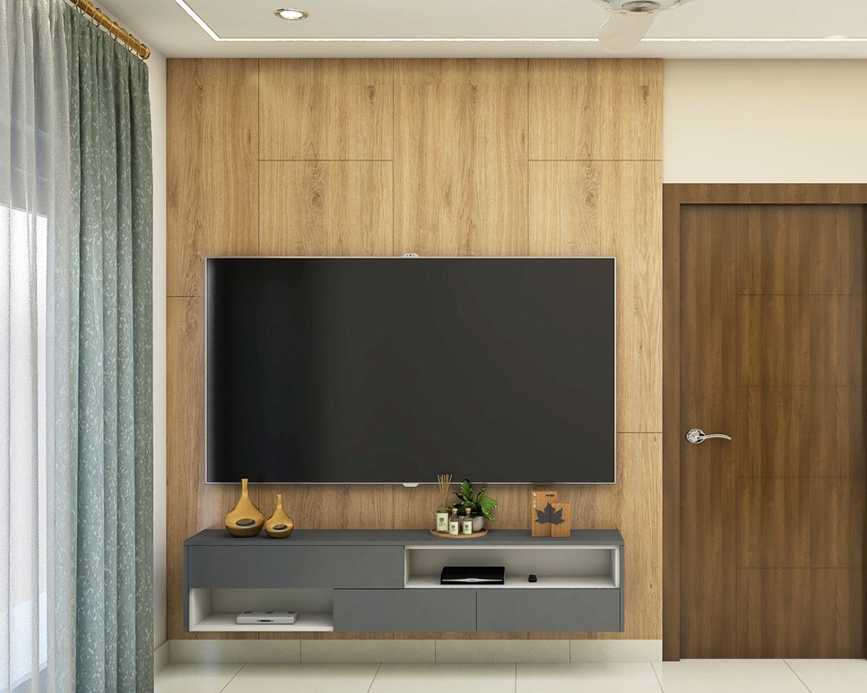 Modern Wall-Mounted Grey TV Unit Design With Wooden Back Panel