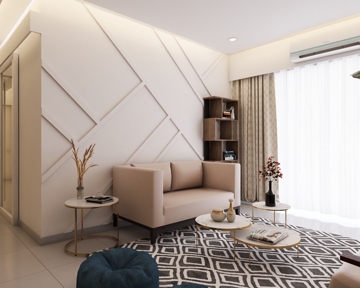 Modern White Living Room Wall Design With 3D Geometric Panelling