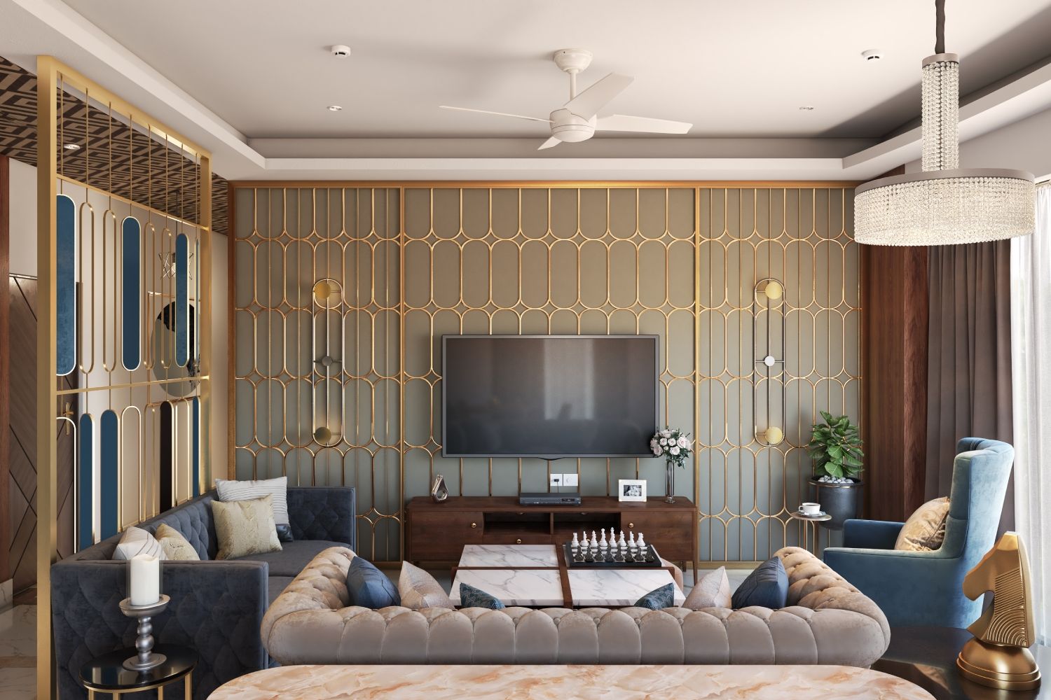 Contemporary Living Room Wall Design With Gold Oval-Shaped Inserts