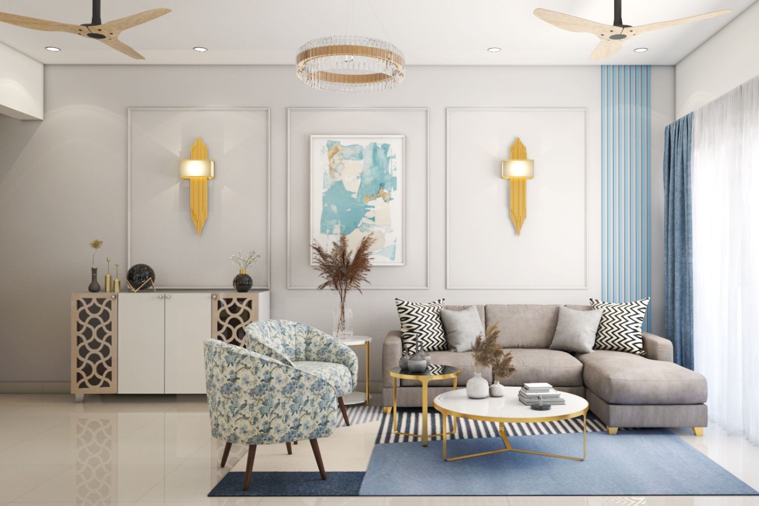 Grey And Blue Contemporary Wall Design For Living Rooms | Livspace