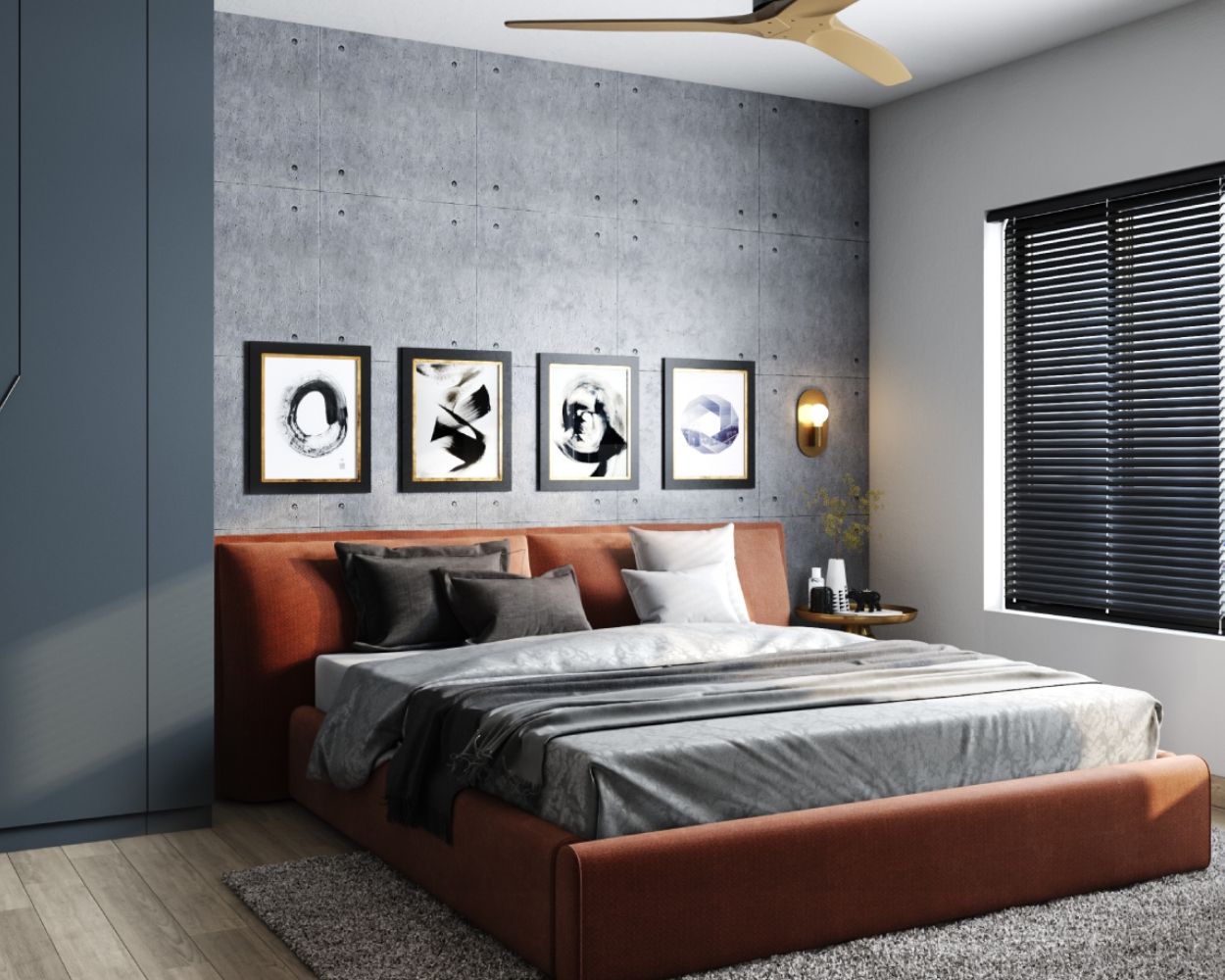 Industrial Bedroom Wall Design With Grey Concrete Square Panels