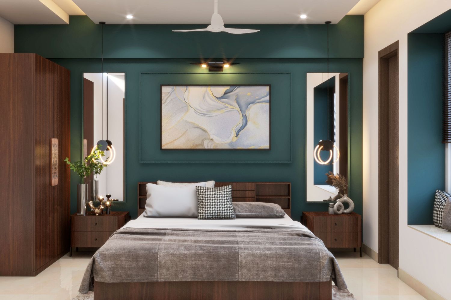 Mid-Century Modern Dark Green Bedroom Wall Design With Trims