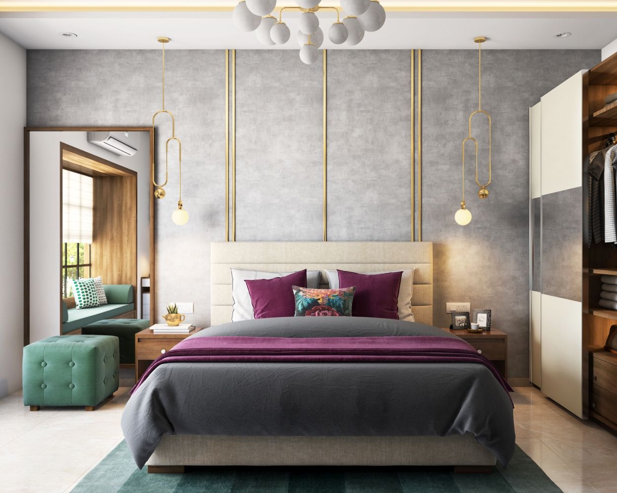Eclectic Grey And Gold Bedroom Wall Design With Metal Inserts