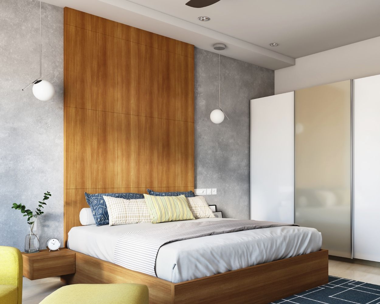 Modern Bedroom Wall Design With Grey Textured Wall And Vertical Wooden Panel