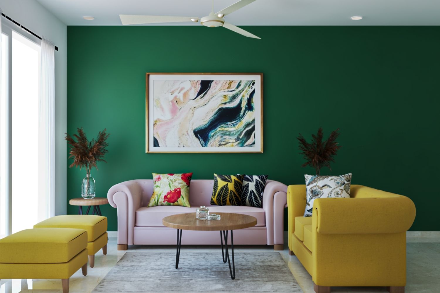 Modern Dark Green Living Room Wall Paint Design With Colourful Furniture