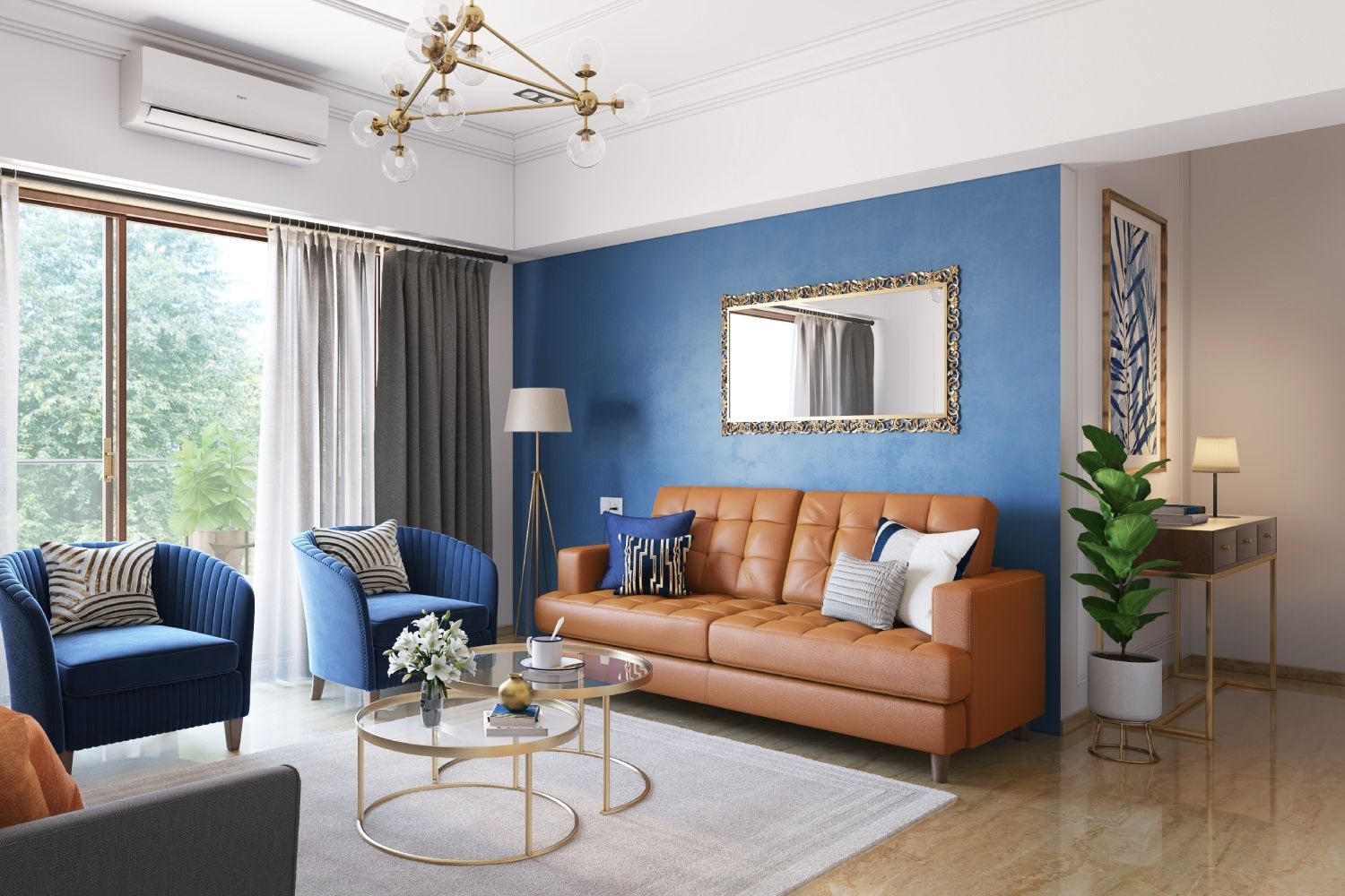 Modern Blue Living Room Wall Paint Design With Tan Brown And Dark Blue Sofa Set