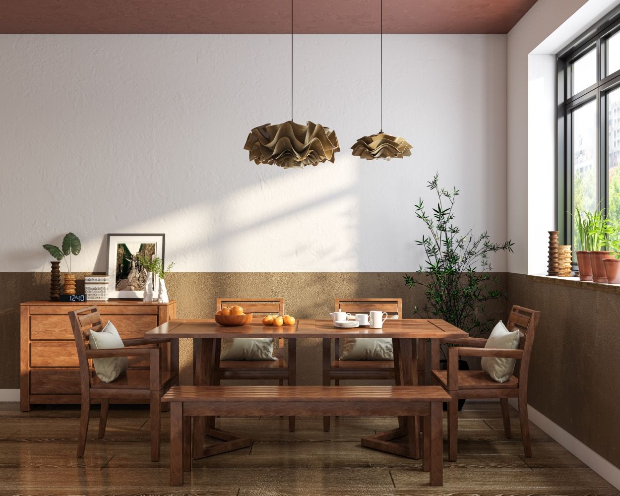 Rustic White And Brown Dual-Toned Dining Room Wall Paint Design