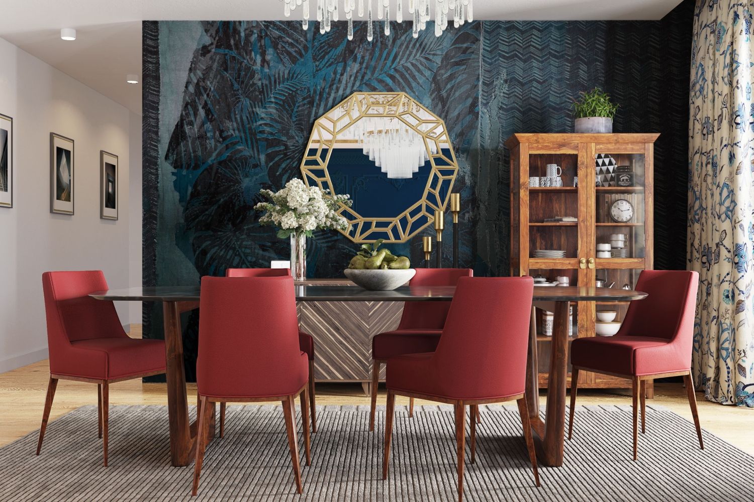 Eclectic Dark Blue And Black Tropical-Themed Wallpaper Design For Dining Rooms