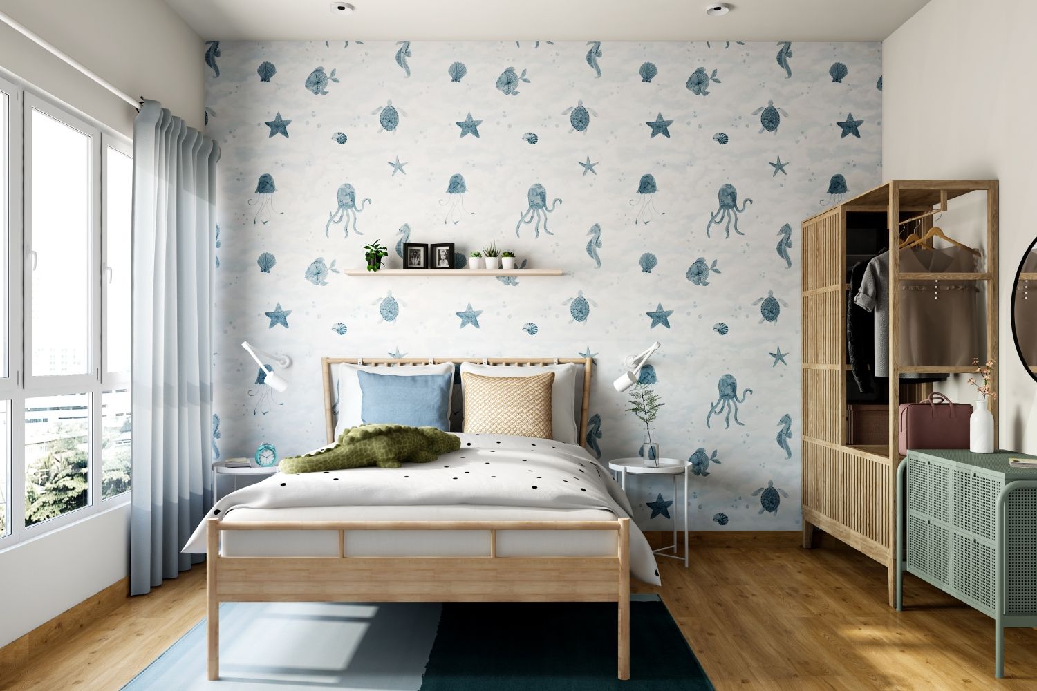 Contemporary White And Blue Aquatic-Themed Kids Room Wallpaper Design