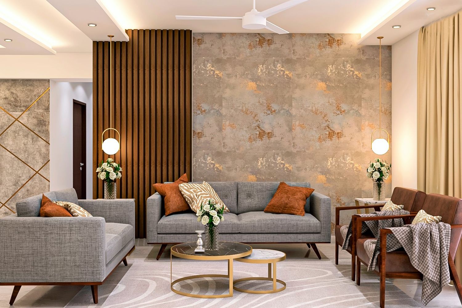 Modern Grey Textured Living Room Wallpaper Design With Gold And Brown Highlights