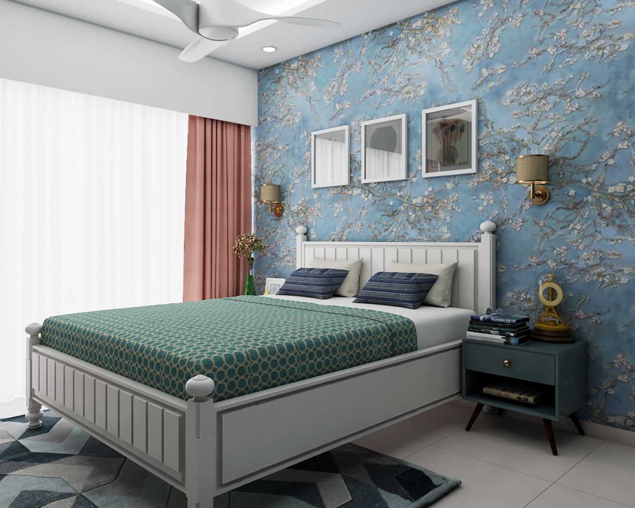 Modern Blue And White Floral Bedroom Wallpaper Design