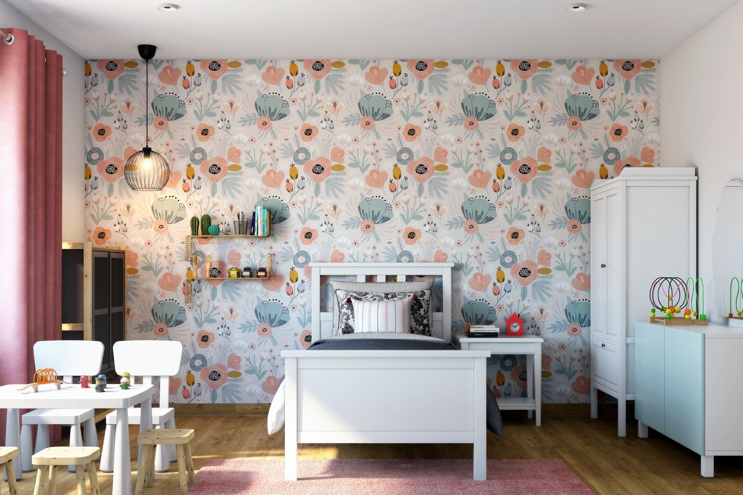 Modern Eclectic Multicoloured Floral Kids Bedroom Wallpaper Design