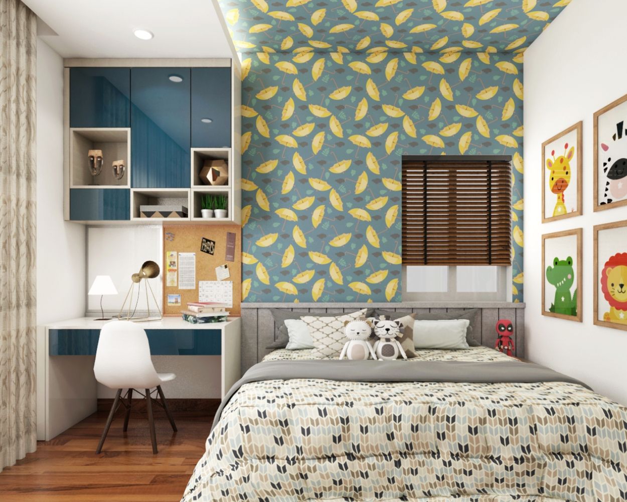 Modern Blue And Yellow Bedroom Wallpaper Design With Umbrella Motifs