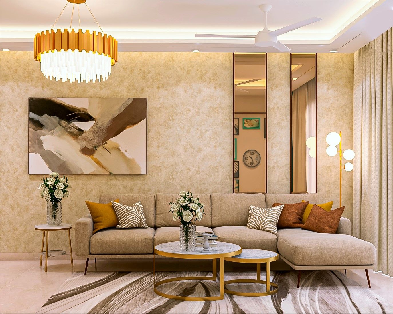Contemporary Beige Textured Living Room Wallpaper Design