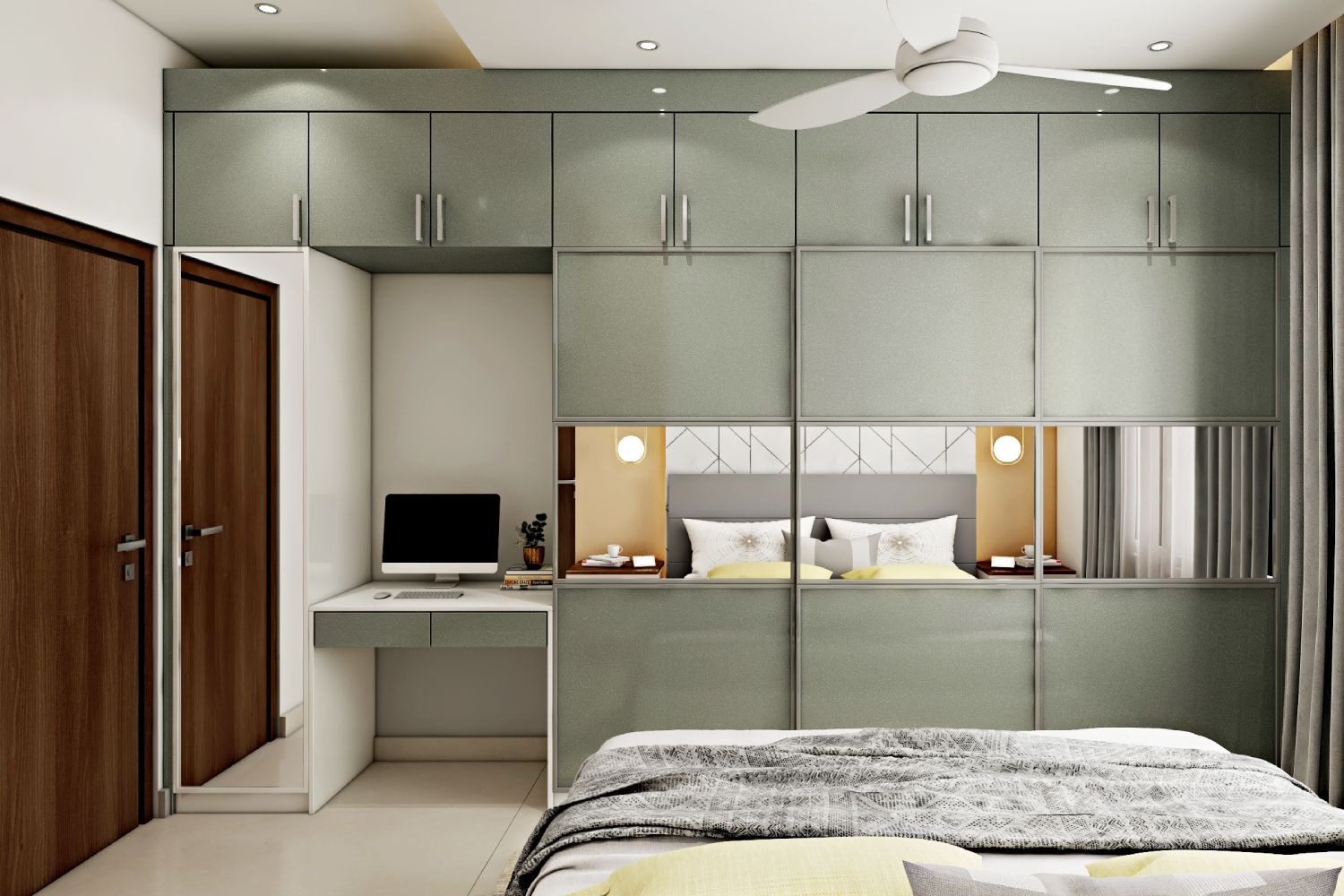 Contemporary 3-Door Grey Sliding Wardrobe Design With Mirror Panels And Compact Study Unit