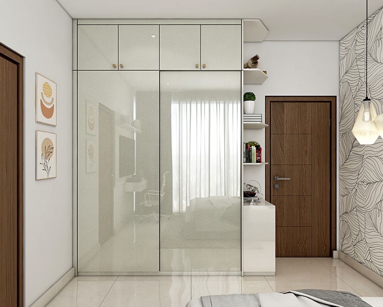 Modern 2-Door Light Grey Sliding Door Wardrobe Design With Loft Storage
