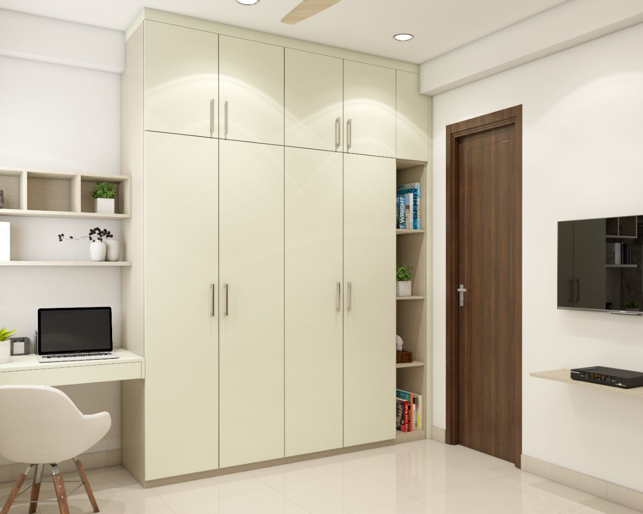 Minimal Champagne-Toned 4-Door Swing Wardrobe Design With Open Shelves Unit And Integrated Study Table