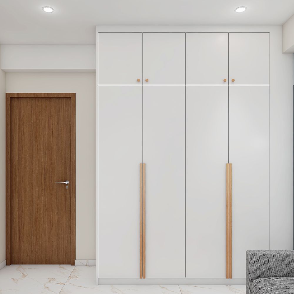 Scandinavian 4-Door White Swing Wardrobe Design With Wooden Handles