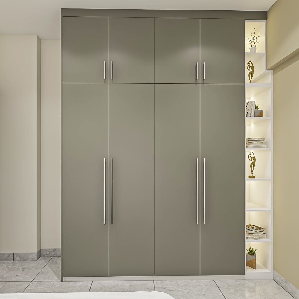 Modern 4-Door Dove Grey And White Swing Wardrobe Design With Loft Storage
